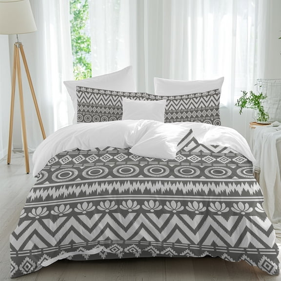 Ethnic Geometric Stripe Full Duvet Cover Set, Southwestern Rhombus Zigzag Gray 4 Piece Microfiber Bedding Set with Zipper Closure, Bed Sheet and 2 Pillow Shams, Soft Bedding Cover