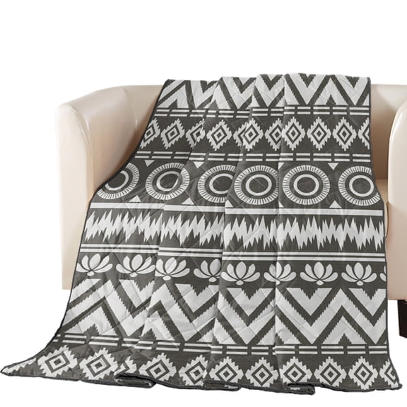 Ethnic Geometric Stripe Quilted Comforters Cooling Blanket Oversized King Size, Southwestern Rhombus Zigzag Gray Cold Comfort for Hot Sleepers Lightweight Air Conditioning Quilt Blanket for Bed