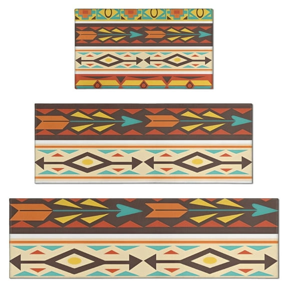 Ethnic Geometric Striped Pattern Kitchen Rugs Sets Of 3,Kitchen Runner Rugs Non Skid Washable,Decorative Kitchen Floor Mats for Kitchen,Sink,Laundry,17"x30"+ 17"x47" + 17"x59"