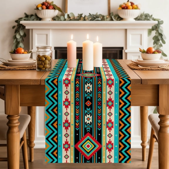 Ethnic Geometric Table Runner, Southwestern Teal and Orange Striped Chevrons Washable Cotton-linen Table Runners Dining Kitchen Decoration for Everyday Home Wedding Party Decor, 13 x 36 Inch