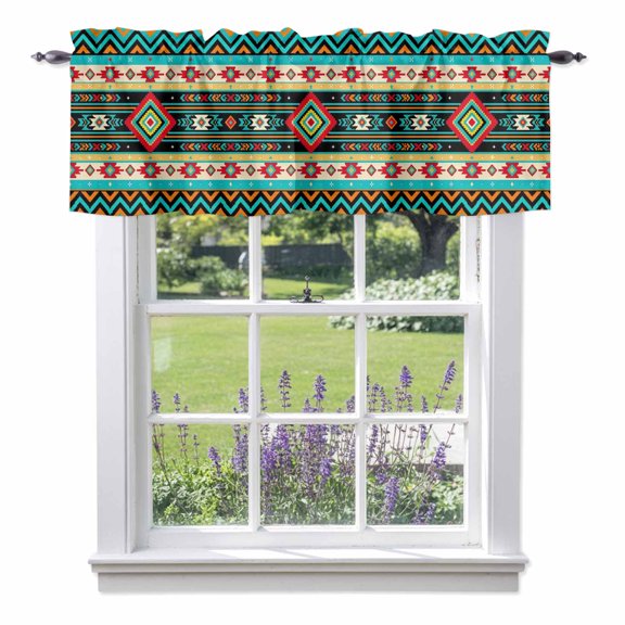 Ethnic Geometric Valance Curtain Southwestern Teal and Orange Striped Chevrons Window Valances Rod Pocket Short Curtains Window Treatments for Kitchen Bedroom Bathroom Laundry 42" x 18"