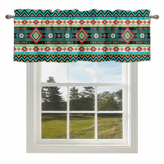 Ethnic Geometric Valances for Windows, 42x12in, Southwestern Teal and Orange Striped Chevrons Rod Pocket Kitchen Valance Curtain Light Filtering Window Treatments for Living Room Bedroom
