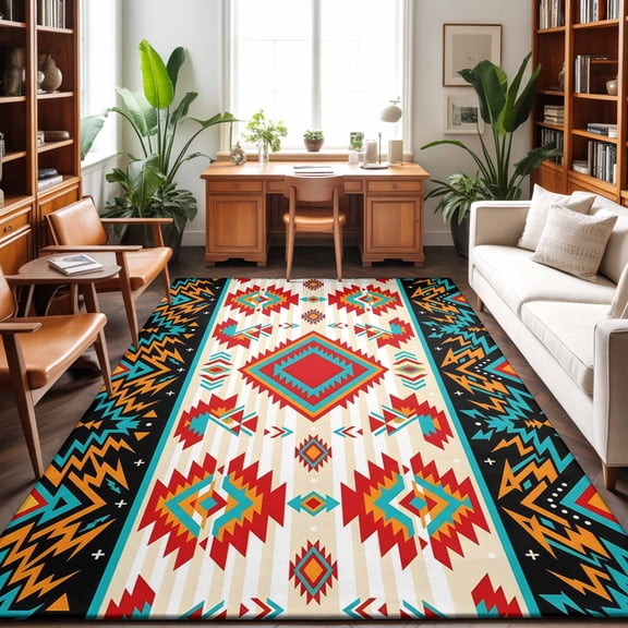 Ethnic Geometric Washable Area Rug 9 x 12 ft Southwestern Argyle Stripe Red Teal Farmhouse, Soft Non Slip Rugs Stain Repellent Indoor Felt Carpet for Living Dining Room Bedroom Home Office