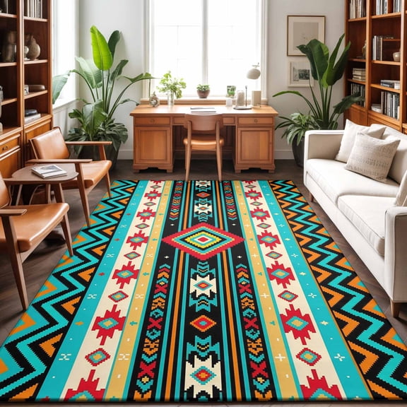 Ethnic Geometric Washable Area Rug 9 x 12 ft Southwestern Teal and Orange Striped Chevrons, Soft Non Slip Rugs Stain Repellent Indoor Felt Carpet for Living Dining Room Bedroom Home Office