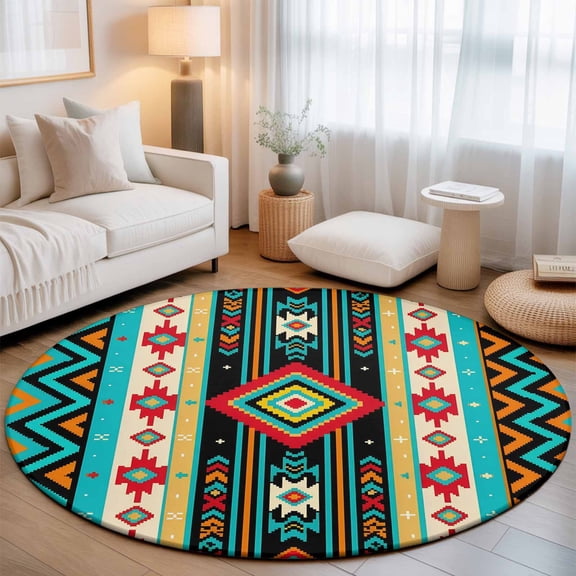Ethnic Geometric Washable Round Area Rug 6 ft, Southwestern Teal and Orange Striped Chevrons, Soft Non Slip Rugs Stain Repellent Indoor Felt Carpet for Living Dining Room Bedroom Home Office
