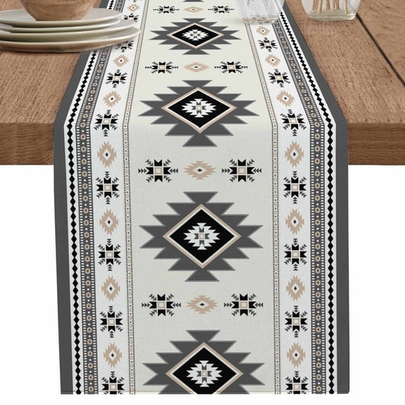 Ethnic Gray Aztec Geometric Table Runner-36 Inch Long Bohemian Southwest Wind Table Runners Linen Burlap Tablerunner for Kitchen Dining Room Holiday Party