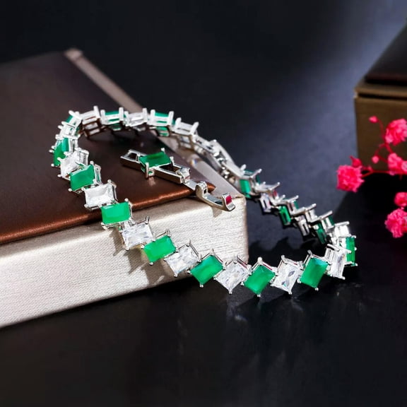 Ethnic Green Cubic Zircon Baguette Chain Link Bracelet CZ Fashion Brand Jewelry