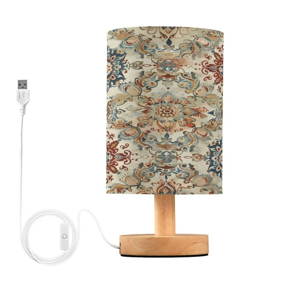 Ethnic Indian Mandala Paisley Rustic Bedside Table Lamp Desk Warm Lights with USB Charging Port Cylinder LED Lamps for Bedroom Living Room Office