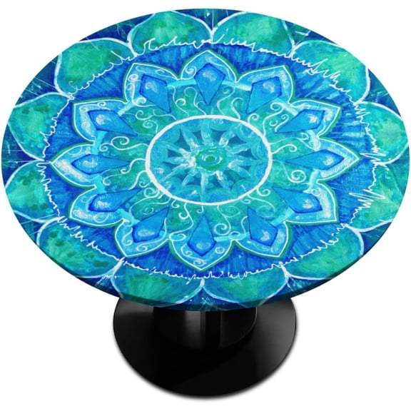Ethnic Indian Teal Mandala Round Tablecloth with Elastic Edged, Summer Fitted Table Cover Wipeable Round Table Cloth for Indoor Outdoor Use Fits Tables up to 40-44 inch Diameter