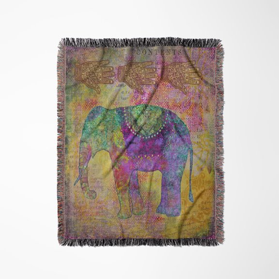 Ethnic Inspired Elephant Art In Green Yellow And Purple, Woven Blanket