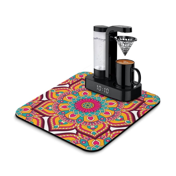 Ethnic Inspired Symmetrical Coffee Station Mat - Absorbent Drying Mat with Traditional Sacred Design