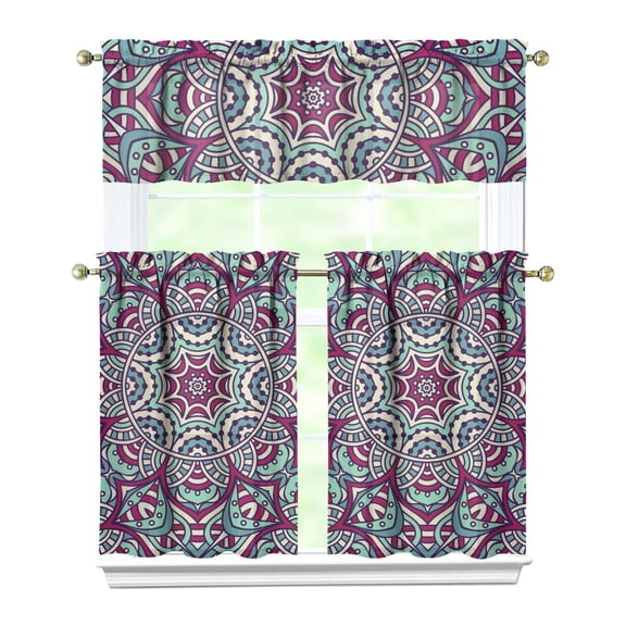 Ethnic Inspired Symmetrical Mandala Curtains - Set of 3 with Geometric Boho Chic Pattern