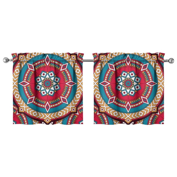 Ethnic Inspired Symmetrical Mandala Kitchen Curtains Set of 2 - 27.5x24 Inch Geometric Folk Style, Semi-Sheer Tier Curtains