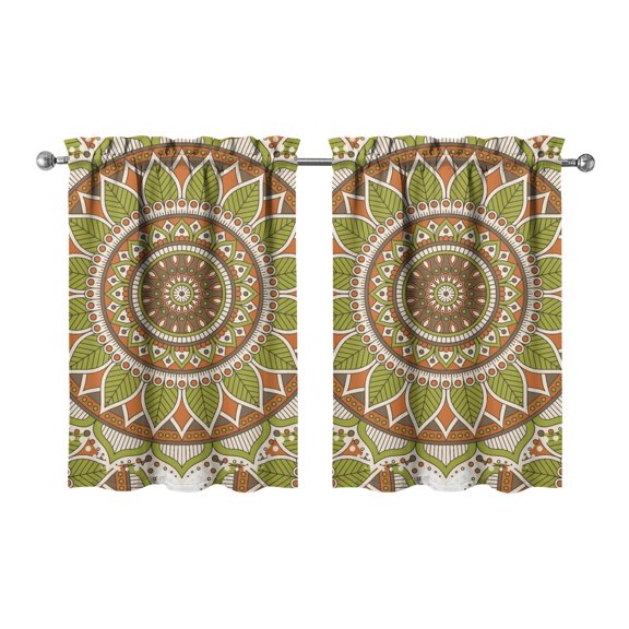 Ethnic Inspired Symmetrical Mandala Kitchen Curtains Set of 2 - 27.5x36 Inch Geometric Folk Style, Semi-Sheer Tier Curtains