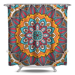 Ethnic Inspired Symmetrical Mandala Shower Curtain, Boho Folk Geometric Pattern, Waterproof Quick-Dry Fabric for Standard Tubs