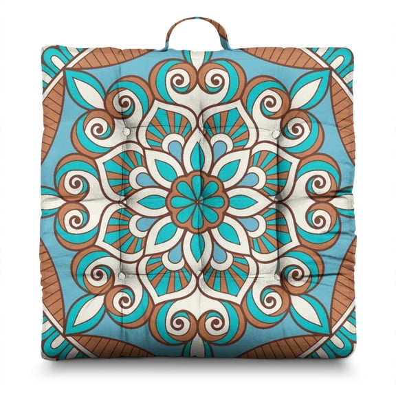 Ethnic Inspired Zabuton Oversized Mandala Meditation Cushion with Sacred Symbolic Motifs, Resilient After Sun Exposure