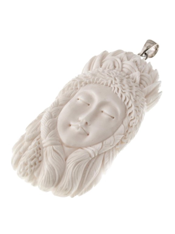 Ethnic Inuit Woman Hand Carving Buffalo Bone 925 Sterling Silver Pendant, 3 1/4"
