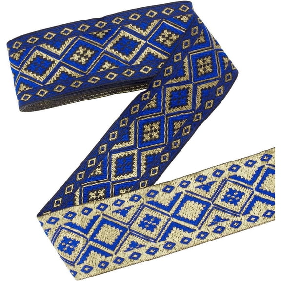 Ethnic Jacquard Ribbon 7 Yards Emobridered Woven Ribbon Boho Fabric Sewing Ribbon Rhombus Trim Fringe Decor Trim for DIY Clothing Curtain Embellishment Decoration 2 Inch Blue