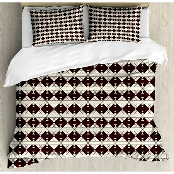 Ethnic King Size Duvet Cover Set, Geometric Triangles and Rhombuses Composition Traditional Pattern, Decorative 3 Piece Bedding Set with 2 Pillow Shams, Chestnut Brown and Cream, by Ambesonne
