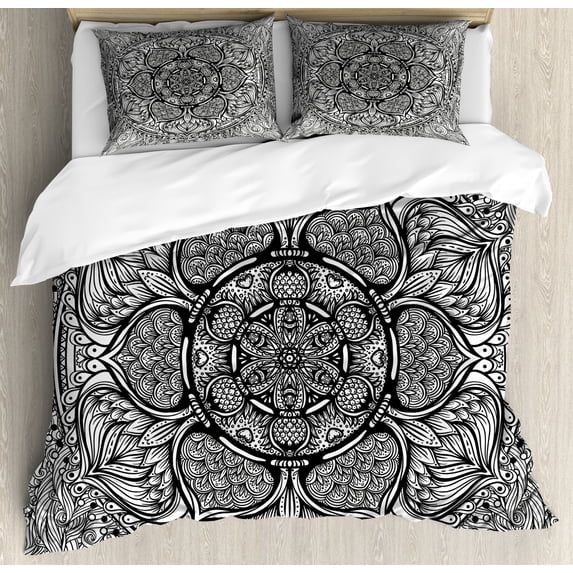 Ethnic King Size Duvet Cover Set, Mandala Inspired Ethnic Artwork Hand Drawn Ethnic Paisley Pattern Boho Native, Decorative 3 Piece Bedding Set with 2 Pillow Shams, Black and White, by Ambesonne