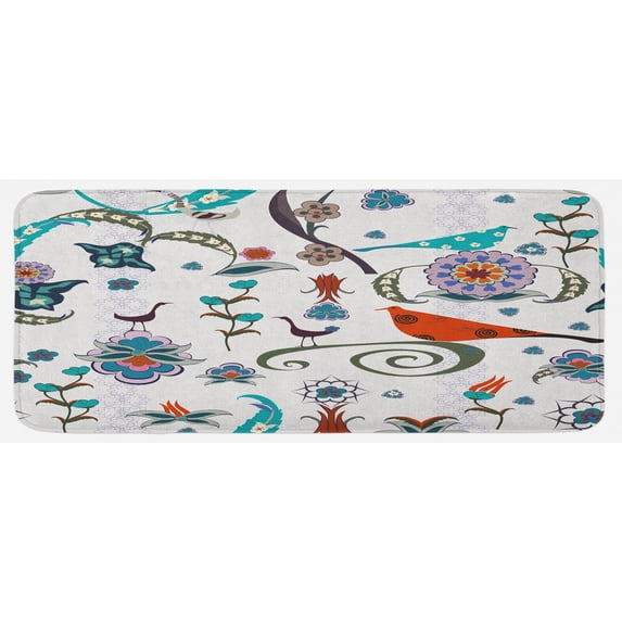 Ethnic Kitchen Mat, Floral Flowers Swirls Ivy Buds Birds Leaves Bohem Inspired Image, Plush Decorative Kitchen Mat with Non Slip Backing, 47" X 19", Multicolor, by Ambesonne