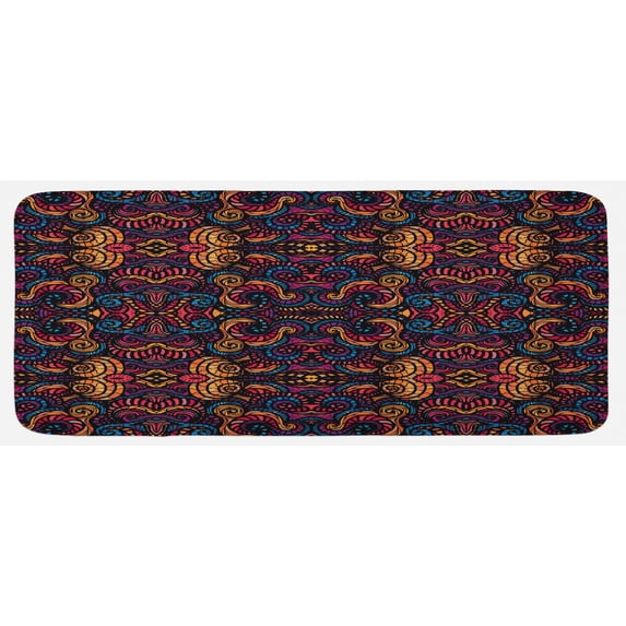 Ethnic Kitchen Mat, Hand Drawn Image with Oriental Rainbow Colored Floral Swirls Glass Pattern Image, Plush Decorative Kitchen Mat with Non Slip Backing, 47" X 19", Multicolor, by Ambesonne