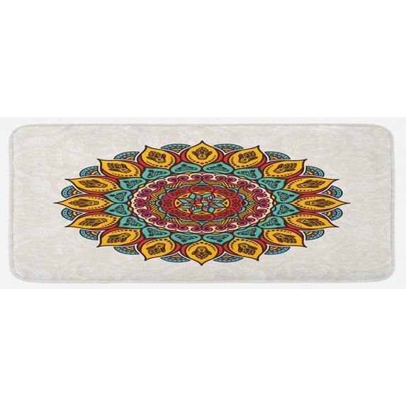 Ethnic Kitchen Mat, Mandala with Vintage Elements on Victorian Backdrop Motifs Print, Plush Decorative Kitchen Mat with Non Slip Backing, 47" X 19", Multicolor, by Ambesonne