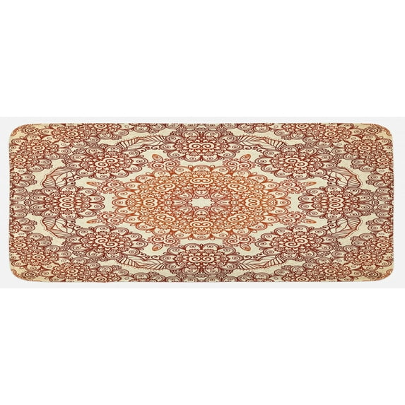 Ethnic Kitchen Mat, Vintage Round Pattern Style Brown Tones Spring Flowers Illustrations, Plush Decorative Kitchen Mat with Non Slip Backing, 47" X 19", Brown Pale Brown, by Ambesonne