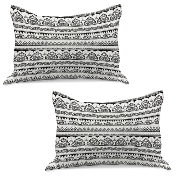 Ethnic Knitted Quilt Pillowcover Set of 2, Eastern Tattoo Design with Various Ornamental and Geometric Shapes Monochrome Style, Standard Queen Pillow Sham Bedroom, 30" x 20", White Black, by Ambesonne