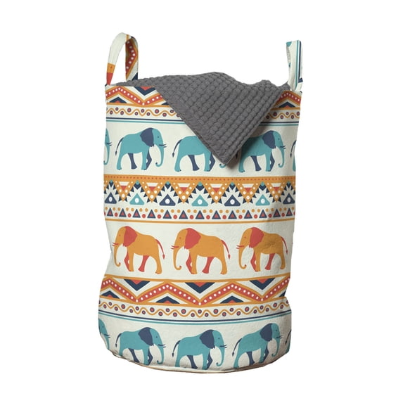 Ethnic Laundry Bag, Colorful Native Composition with Geometric Borders and Elephants Design, Hamper Basket with Handles Drawstring Closure for Laundromats, 13" x 19", Multicolor, by Ambesonne