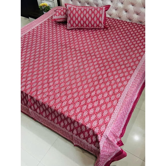 Ethnic Leaf Print Indian Cotton Bedspread – King Size Bedding Set with Pillow Shams(Pink)