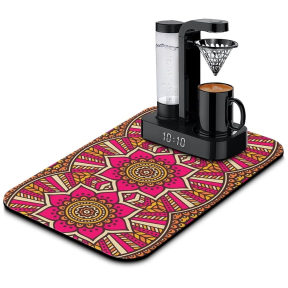 Ethnic Mandala Art Dish Drying Mat, Geometric Mandala Design Absorbent Coffee Bar Mat, Mystic Ethnic Kitchen Counter Protector, Zen Meditation Decor