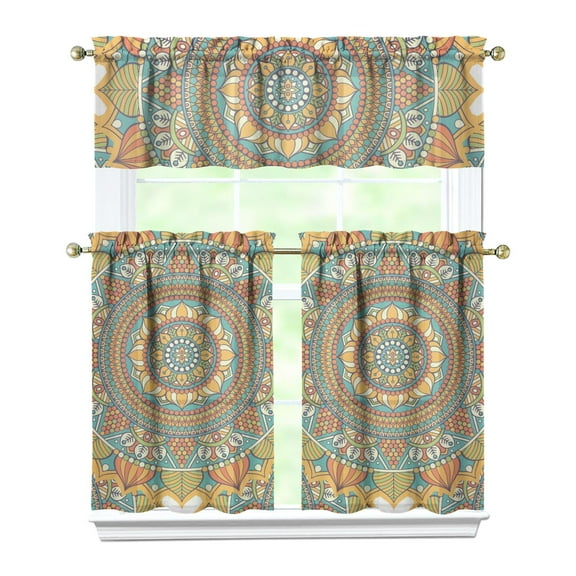 Ethnic Mandala Art Window Treatment Panels - 3 PCS Kitchen Curtains Set with Geometric Abstract Ornamental Design