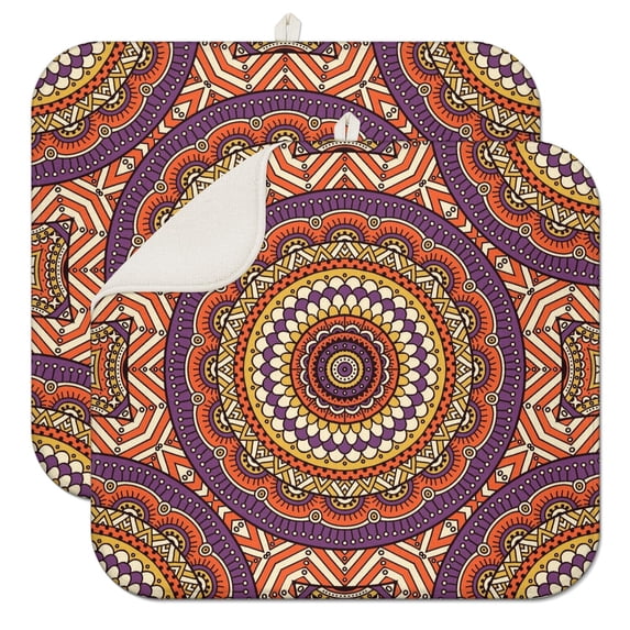 Ethnic Mandala Coffee Mat with Artistic Vintage Floral and Retro Pattern – Fast Drying Microfiber Spill Mat, Reversible Dish Drying Pad for Kitchen and Coffee Bars
