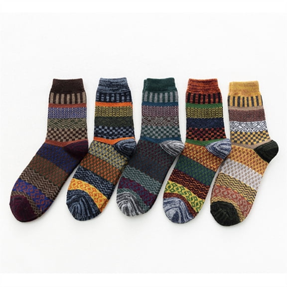 Ethnic Men Color Block Stripe Autumn Winter Thick Warm Elastic Middle Tube Socks