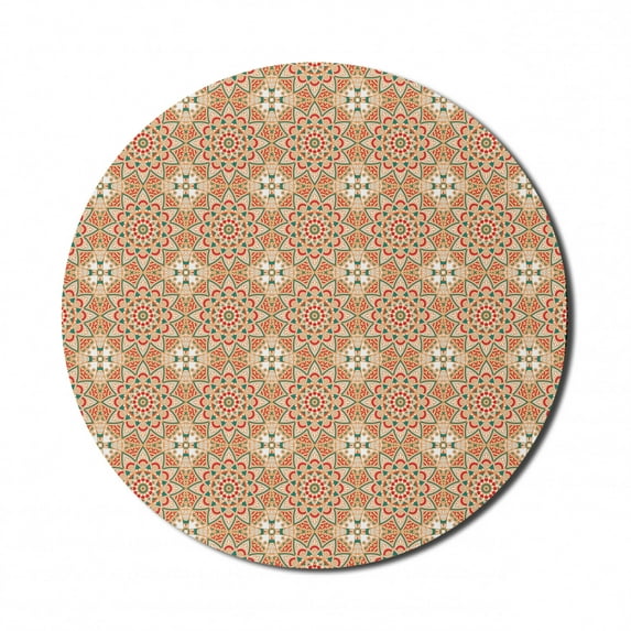 Ethnic Mouse Pad for Computers, Ornamental Classic Pattern with Flower Blooms Circles and Squares Arrangement, Round Non-Slip Thick Rubber Modern Gaming Mousepad, 8" Round, Multicolor, by Ambesonne