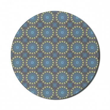 Ethnic Mouse Pad for Computers, Style Mandala Inspired Circular Motifs Antique, Round Non-Slip Thick Rubber Modern Gaming Mousepad, 8" Round, Pale Blue Pale Yellow, by Ambesonne