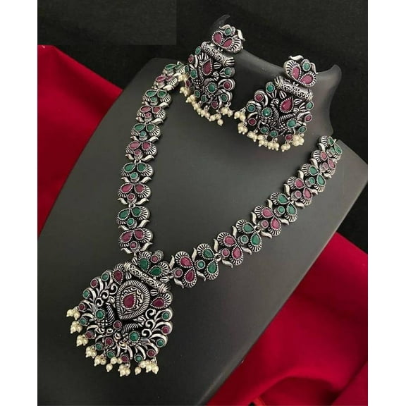 Ethnic Multi Color Stones Long Chain Leaf Tassel Necklace Elegant Oxidized Silver Fashion Jewelry Set