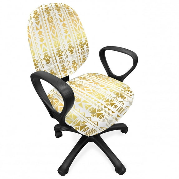 Ethnic Office Chair Slipcover, Abstract Borders from Prehistoric Cultures with Ombre Effect, Protective Stretch Decorative Fabric Cover, Standard Size, Yellow and White, by Ambesonne