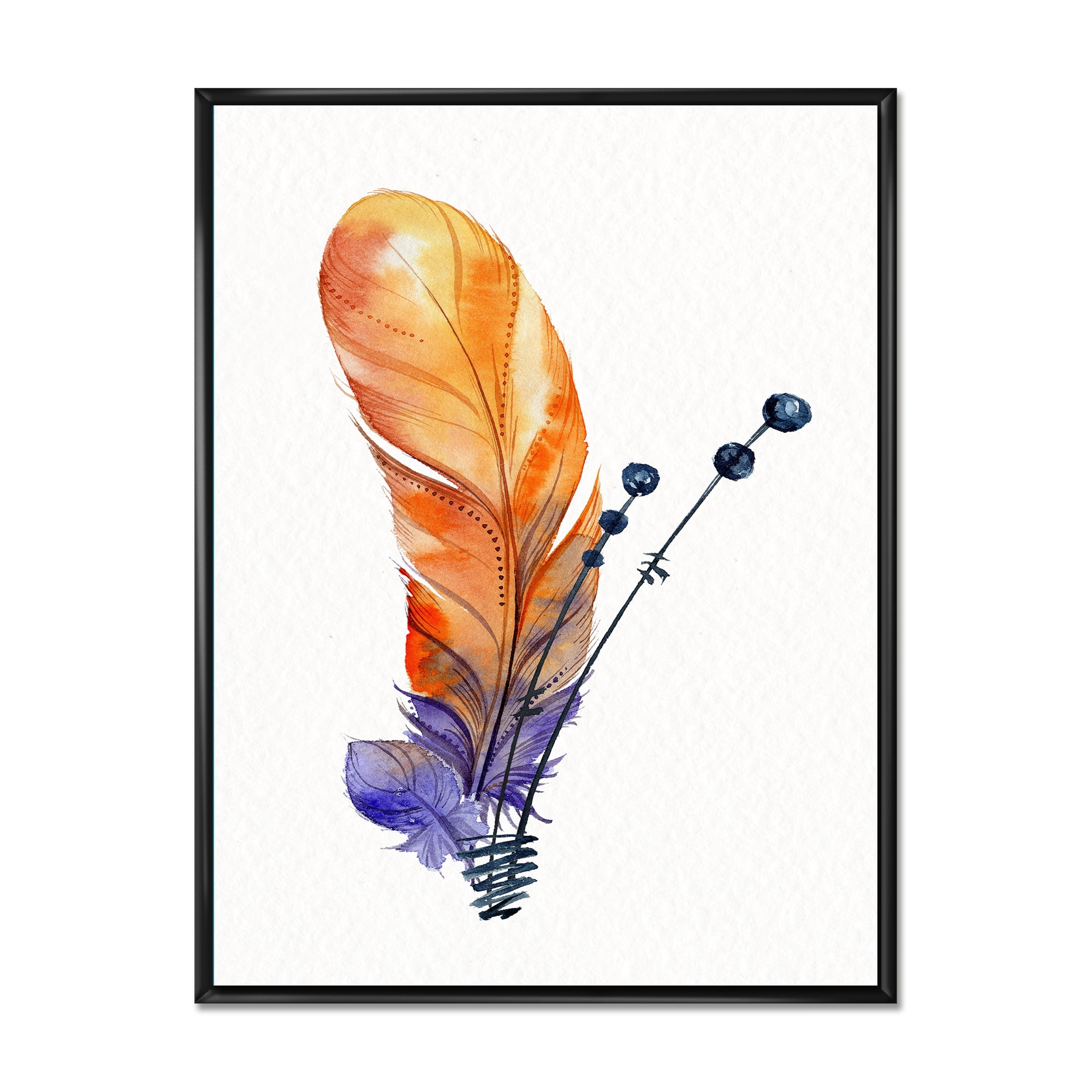 Ethnic Orange Animal Feather Composition 16 in x 32 in Framed Painting Canvas Art Print, by Designart