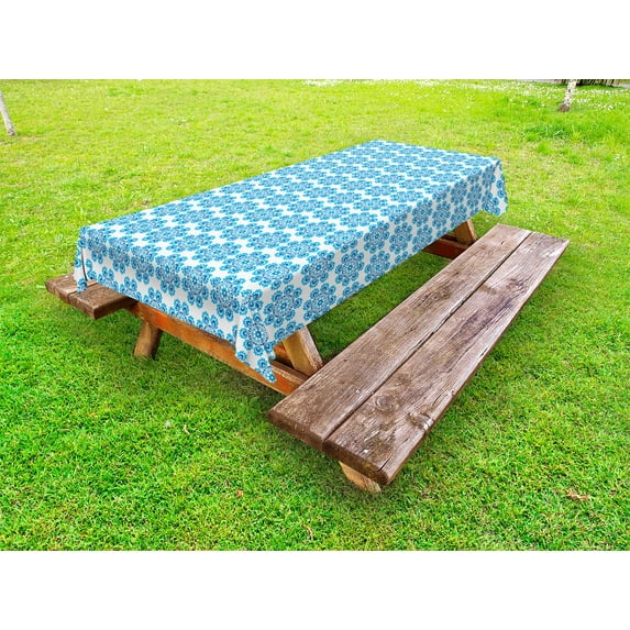 Ethnic Outdoor Tablecloth, Polish Folklore Inspirations in Floral Motifs Composition with Heart Symbols, Decorative Washable Fabric Picnic Tablecloth, 58 X 104 Inches, Blue and Dark Blue, by Ambesonne