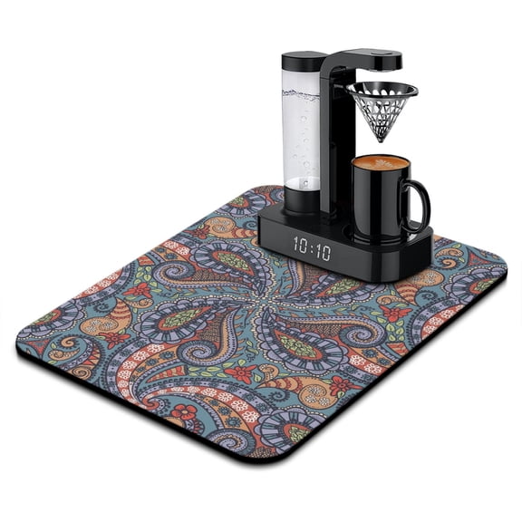 Ethnic Paisley Boho Design Dish Drying Mat, Vintage Retro Absorbent Coffee Bar Mat, Decorative Mandala Inspired Kitchen Counter Protector