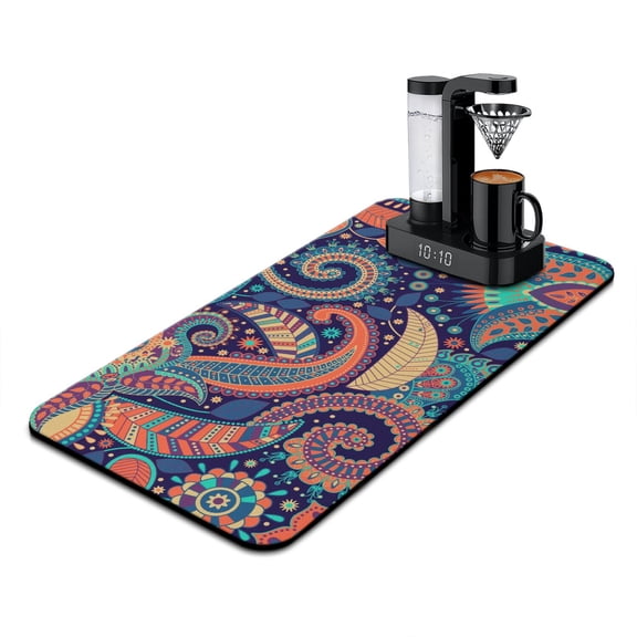 Ethnic Paisley Ornament Coffee Station Mat Multipurpose Absorbent Mat with Abstract Art Slip-Resistant & Eco-Friendly