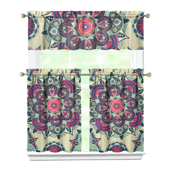 Ethnic Paisley Ornament Kitchen Curtains - 3 PC Boho Chic Set with Valance, Abstract Art Semi-Sheer Tiers, Rod Pocket Farmhouse Window Decor