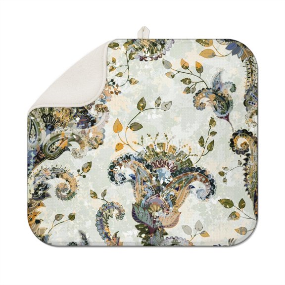 Ethnic Paisley Ornament Kitchen Drying Mat Super Absorbent Foldable Dish Mat Retro Floral Design Multi-Purpose Sink Pad