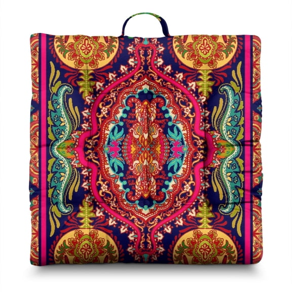 Ethnic Paisley Ornament Pillow&nbsp;– 22x22 Inch Square Meditation Cushion, Dutch Velvet, Boho Vintage Design for Yoga & Lounge (Mandala Inspired)