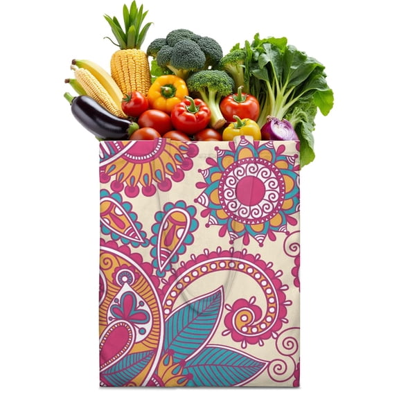 Ethnic Paisley Ornament Reusable Fabric Tote - Foldable Shopping Bag with Colorful Abstract Art, Large Capacity & Eco-Friendly
