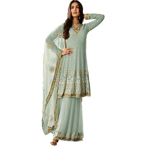 Ethnic Party Wear Designer Palazzo Suits Indian Pakistani Salwar Kameez Dress ( Sky Short, XL - 44 )