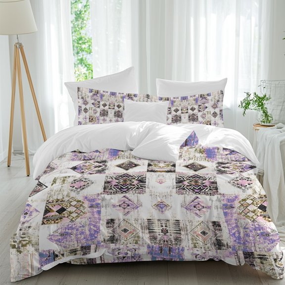 Ethnic Patchwork 4 piece Duvet Cover Set, Comfort Bedding Set California King Size Rustic Vintage Bohemian Brown Purple Gray Grid a Duvet Cover, a Bed Sheet, 2 Pillowcase with Zipper for All Season