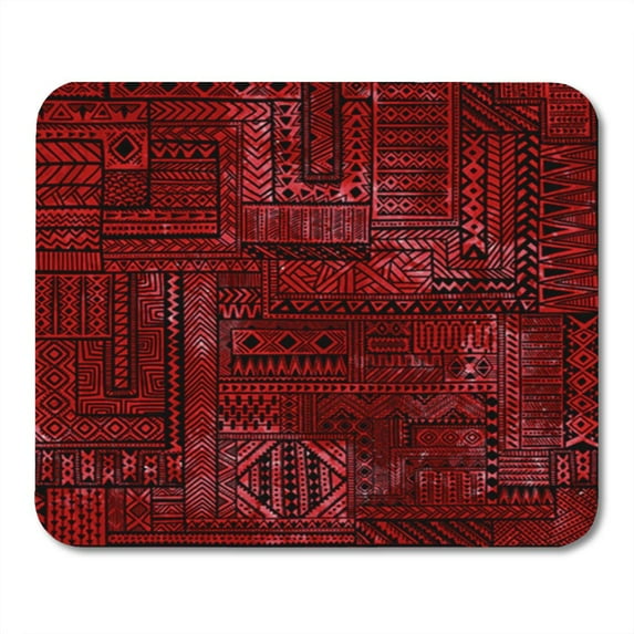 Ethnic Patchwork Pattern Black Geometric Lines on Red Watercolor Mousepad Mouse Pad Mouse Mat 9x10 inch